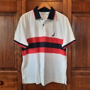 Nautica white striped preppy striped short sleeve polo shirt size large